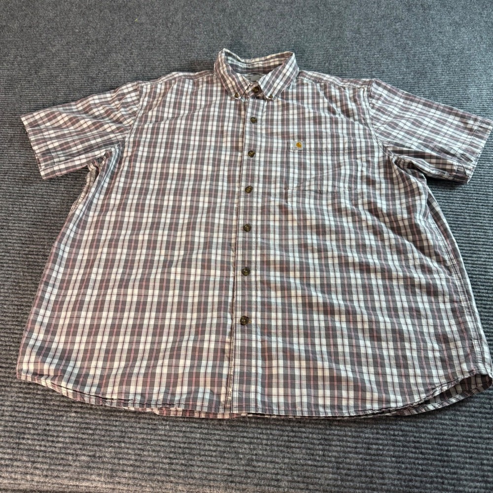 Carhartt Mens Relaxed Fit Plaid Short‎ Sleeve Button Down Shirt Grey Red 2XL - Picture 3 of 9
